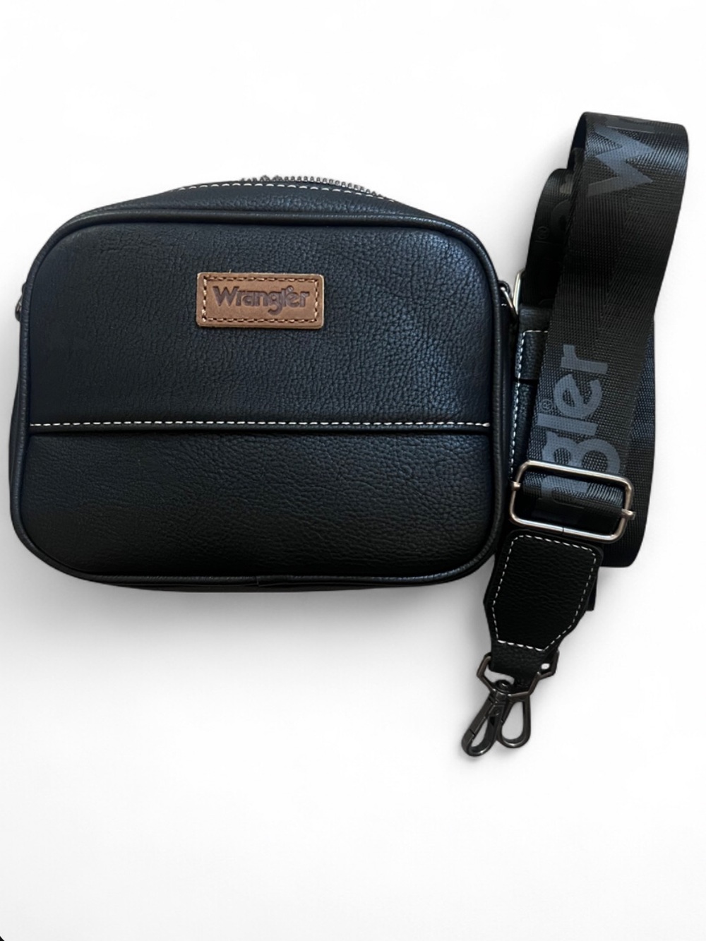 Wrangler Black Vegan Leather Camera Crossbody Bag Purse